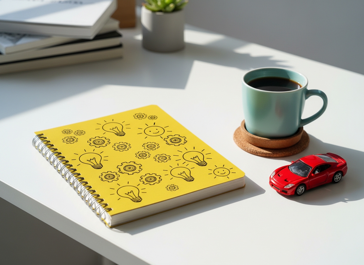 A bright yellow enamel notebook with slightly rounded corners and a silver spiral binding lies open on a clean white desk, its pages filled with neatly drawn doodles of lightbulbs, tiny gear icons, and cheerful sun symbols. Beside it, a matte-finish teal ceramic mug filled with coffee sits on a cork coaster, next to a small die-cast model sports car in glossy red. Soft morning sunlight pours in from an unseen window, casting crisp but gentle shadows and creating a warm, optimistic atmosphere. Photographed at a slightly elevated angle with shallow depth of field, the notebook is in sharp focus while the background fades into a soft bokeh of blurred office objects, creating a playful, modern, photographic realism suited for a blog about everyday optimism.