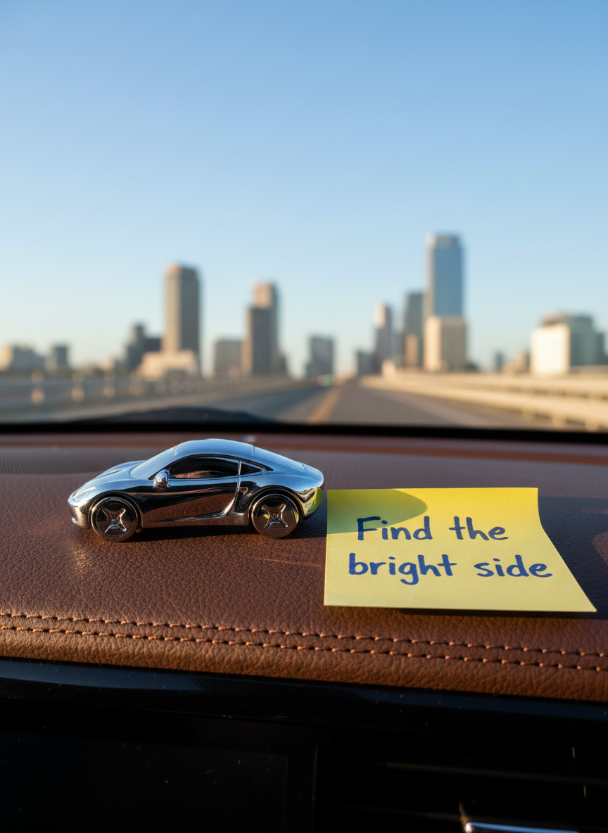 A polished metal key fob shaped like a tiny futuristic car rests on the textured dashboard of a modern vehicle, next to a small, handwritten sticky note that reads “Find the bright side” in bold blue ink. Outside the windshield, a clear blue sky and soft-focus city skyline form a gentle backdrop. Golden hour sunlight streams across the scene, catching subtle reflections on the dash and emphasizing the smooth leather grain. The mood is hopeful and forward-looking, captured at eye level from the passenger seat, with the key fob and note in crisp focus against a tastefully blurred background. The composition uses the rule of thirds and a clean, photographic style to convey playful, practical optimism and a love of cars and engineering.