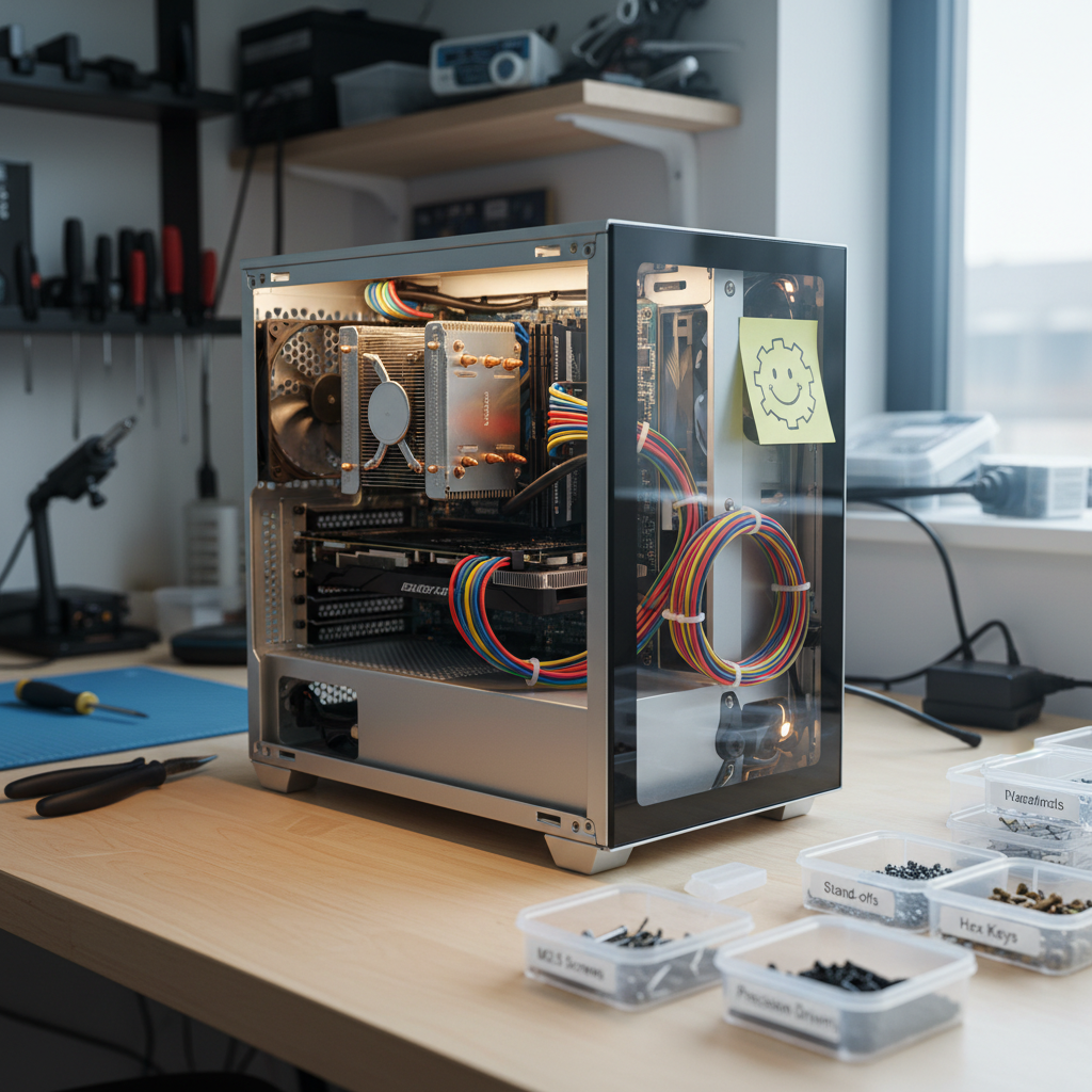 A compact, open desktop computer tower with neatly managed colorful cables and gleaming components sits on a light birch workbench, surrounded by small, labeled containers of screws and tools. A sticky note with a hand-drawn smiling gear is attached to the side panel. Soft, cool daylight from a nearby window combines with the warm glow of tiny internal LEDs, illuminating the circuitry and casting delicate reflections on the brushed metal surfaces. Shot from a slightly low, three-quarter angle, the focus is sharp on the components while the background workshop shelves blur into a gentle bokeh. The mood is playful yet methodical, celebrating engineering as a source of everyday joy in a clean, modern, photographic realism style.