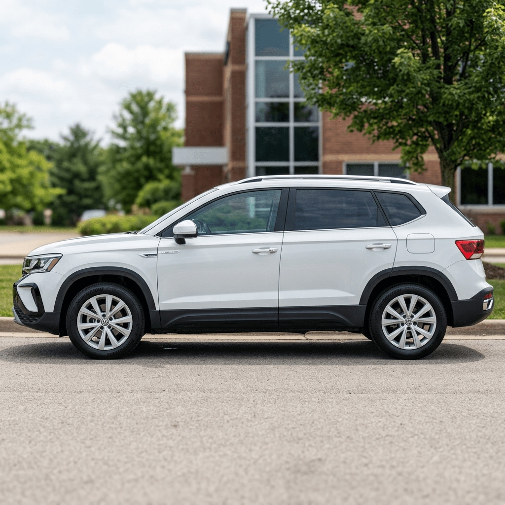 White compact SUV parked on street with building and trees in background